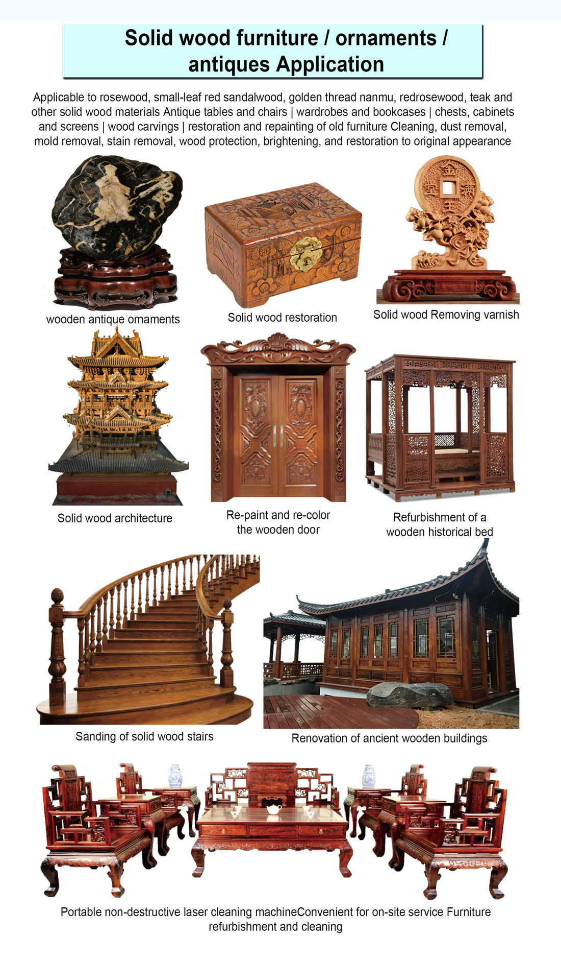 Wood furniture, carvings and architectural restoration applications